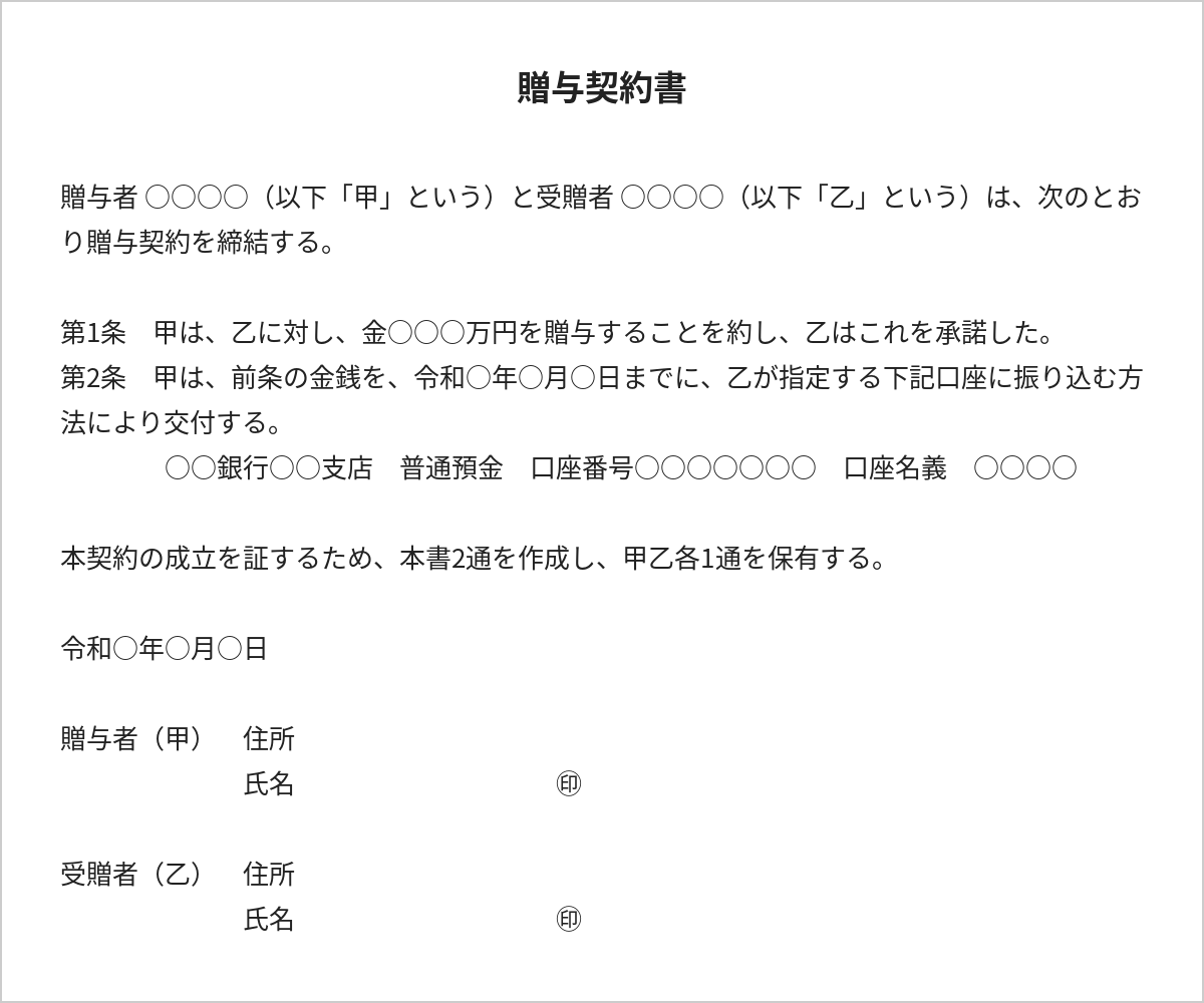 現金を贈与する場合の贈与契約書の雛形
