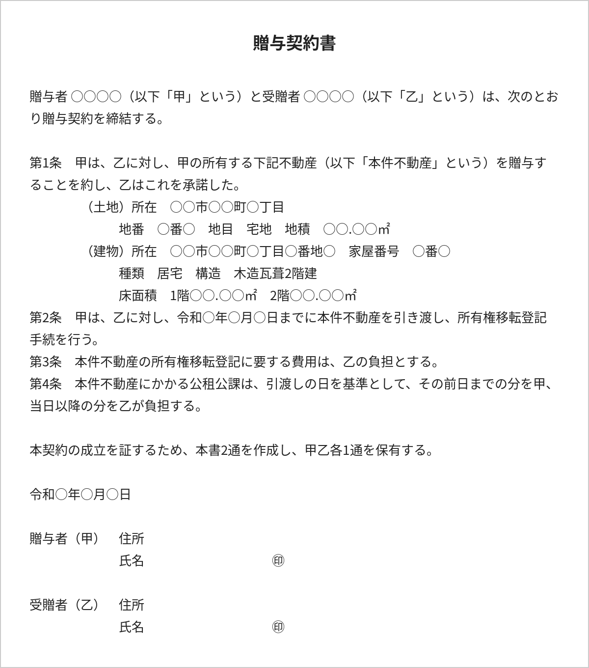 不動産を贈与する場合の贈与契約書の雛形